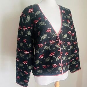 VTG Susan Bristol Wool Cardigan Black Pink Rose Floral Sweater Women’s M 1980s